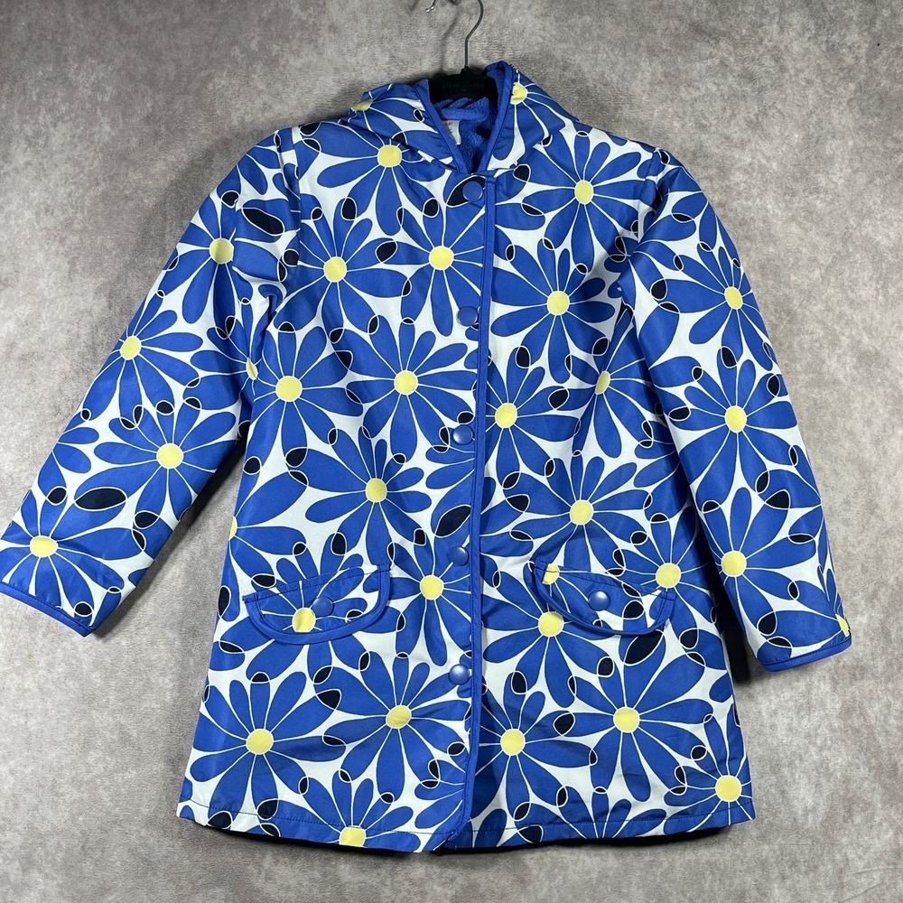 Gymboree Shower‎ Flower Raincoat Jacket Girls Medium 7-8 Blue Floral Hooded